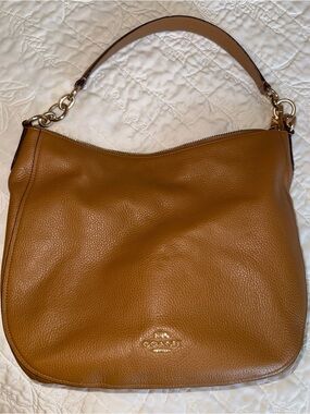 Coach Pebbled Leather Hobo in Cognac Brown with Gold Hardware